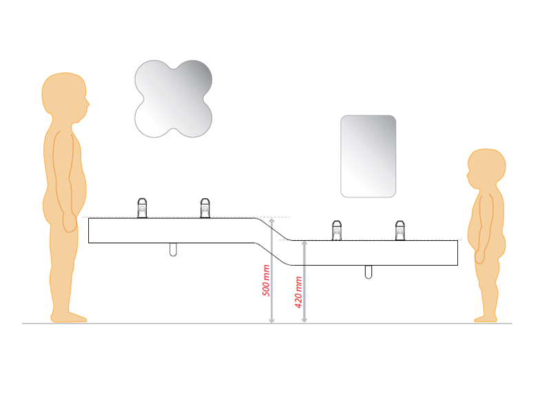 Consolle a doppia altezza, soluzioni bagno bambino