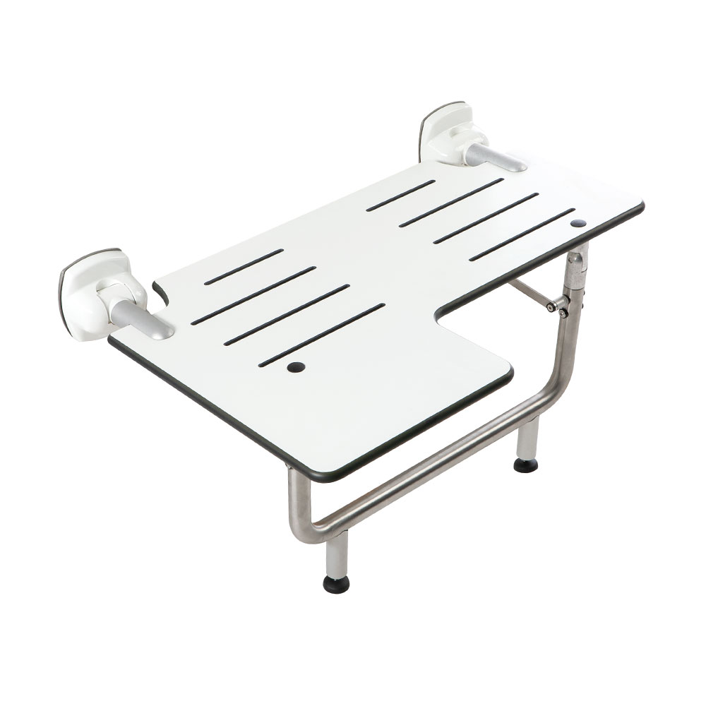 Sedile ribaltabile ad "L" in HPL, munito di  supporto a terra