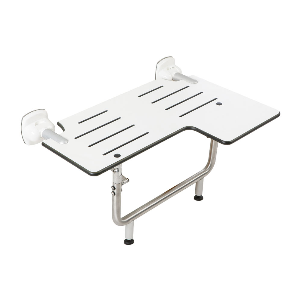 “L” folding seat in HPL, equipped with leg for floor support