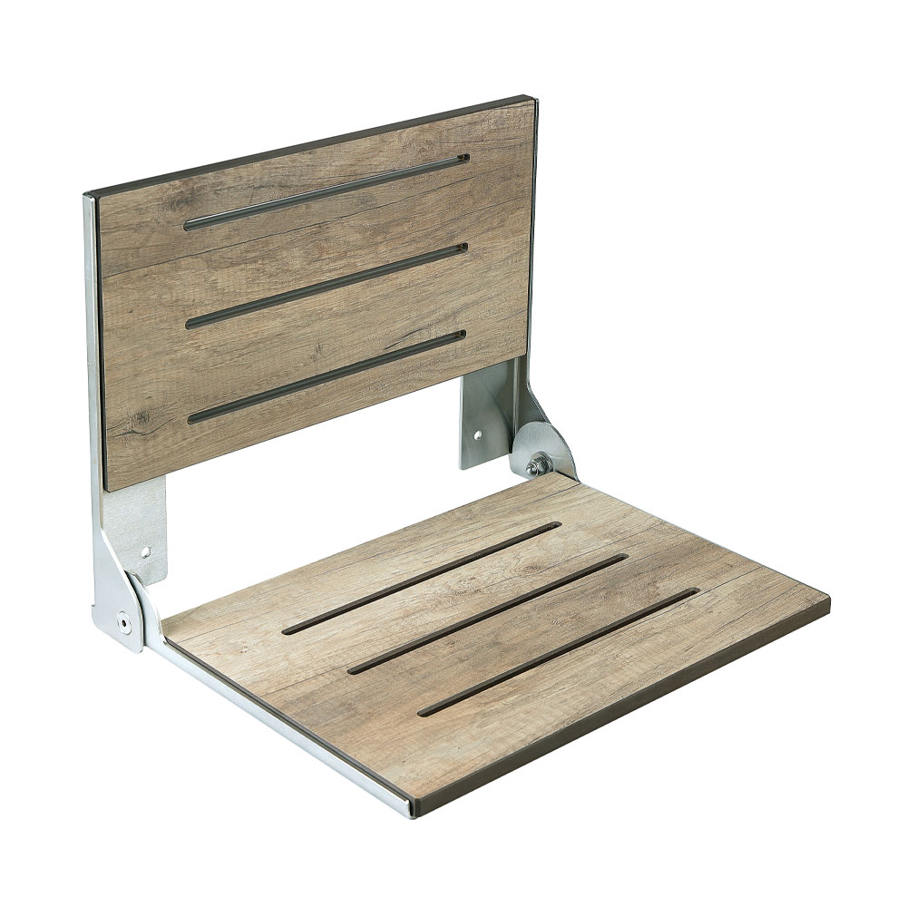 Shower folding seat, with backrest and seat made in HPL