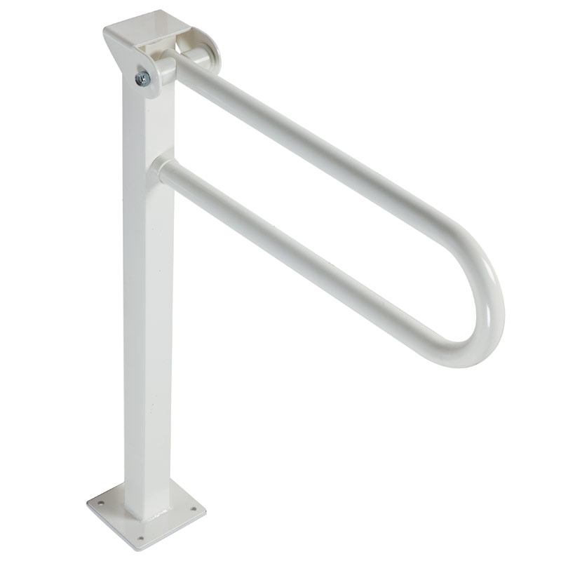 Folding safety grab bar on floor mounted pedestal