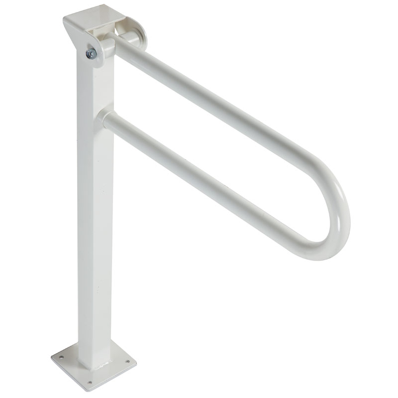 Folding grab bar on floor mounted pedestal