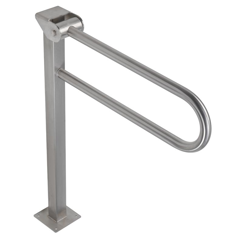 Folding grab bar on floor mounted pedestal