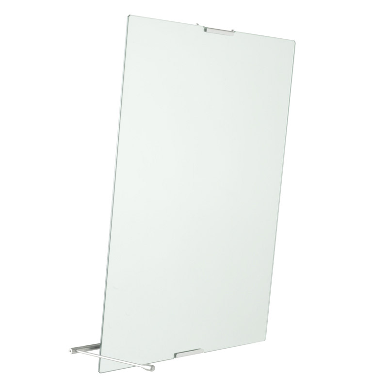 Tilting mirror with safety glass and reversible tilting lever