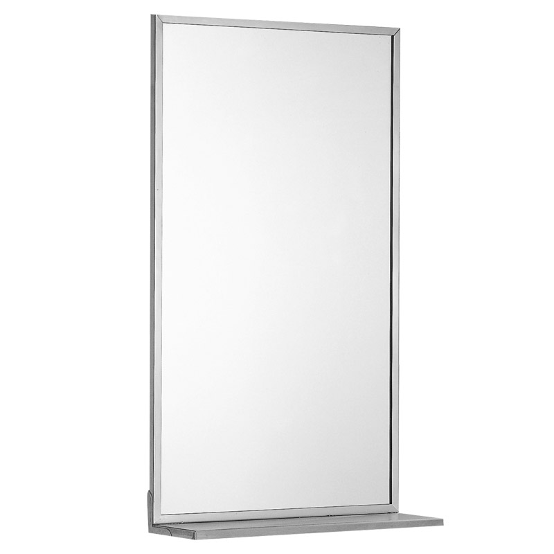 Bathroom mirror with stainless steel frame, equipped with shelf
