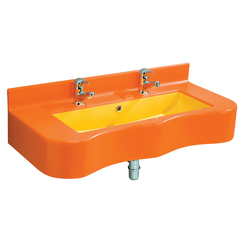 Console, with shaped front, two wash stations, complete with upstand.