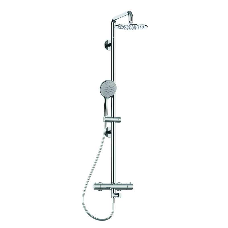 Safe shower column with hand shower. Equipped with thermostatic mixer with spout and shower head in ABS