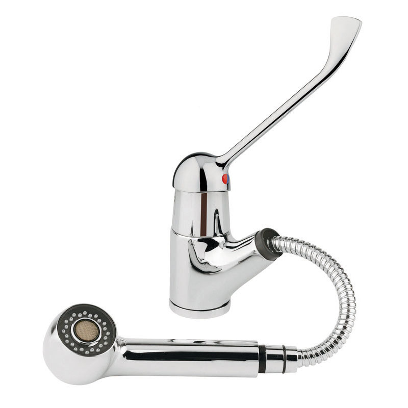 Miscelatore mono comando per lavabo con erogatore a doccetta estraibile, munito di leva ergonomica