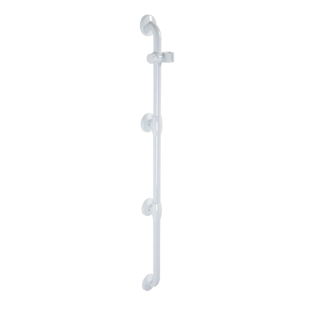 Vertical safety grab bar with two extra Grab bar flanges and shower head holder