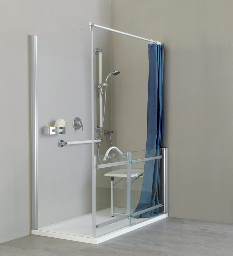 Shower and wall mounted seat with legs, grab bar and curtain