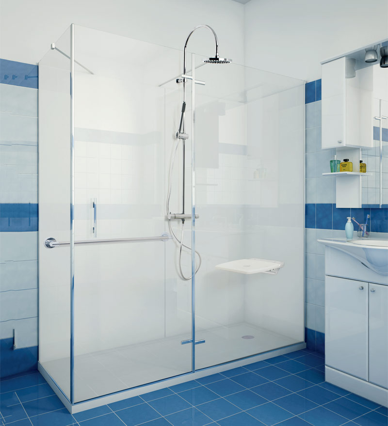 Rectangular shower with wall mounted seat and grab bar