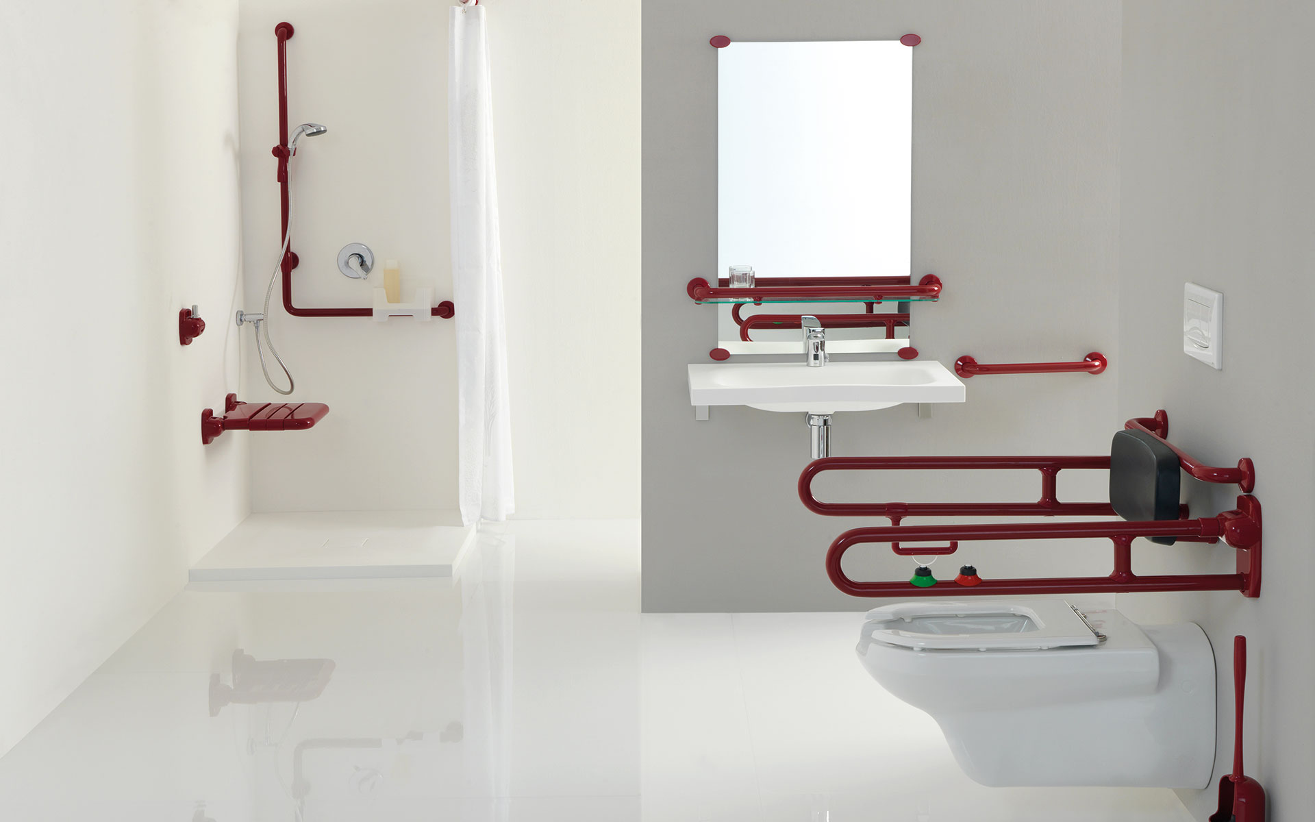 bathroom with coated grab bars