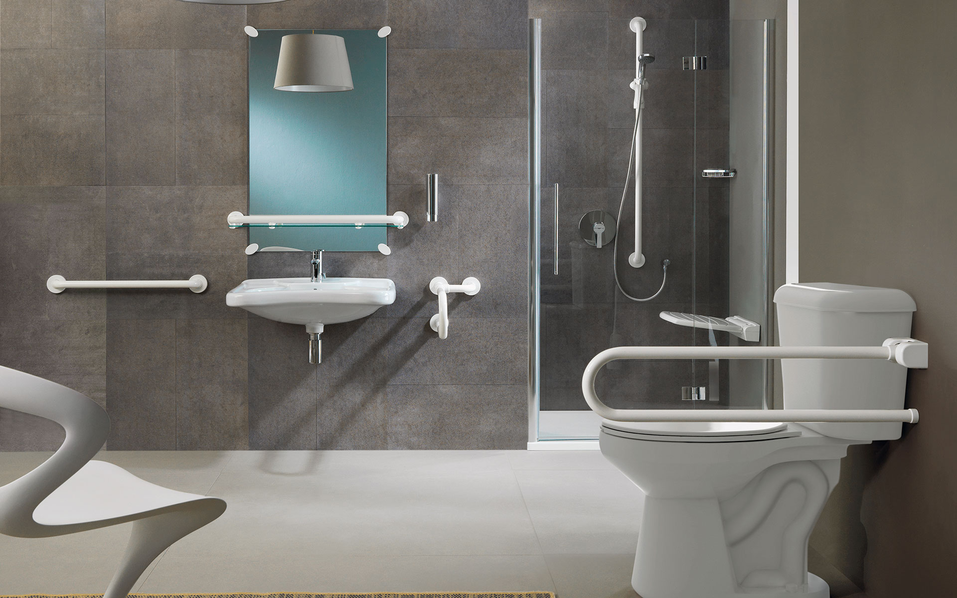 bathroom with coated grab bars